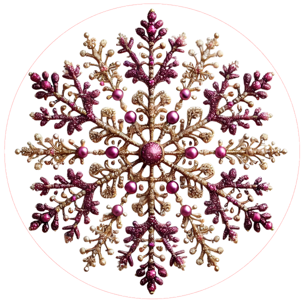 Decorative snowflake design with pink and gold colors on a white background