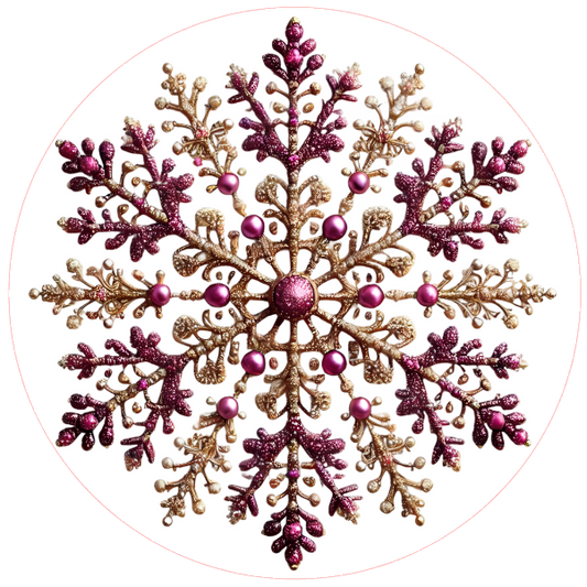 Decorative snowflake design with pink and gold colors on a white background