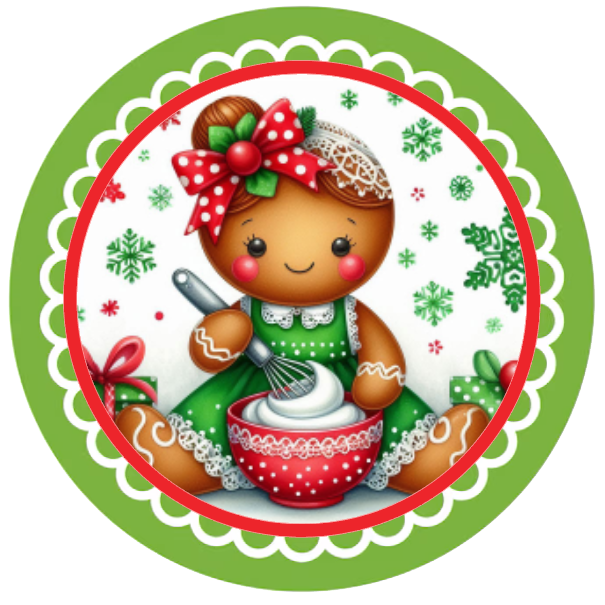 Gingerbread woman baking in a festive setting with a green border
