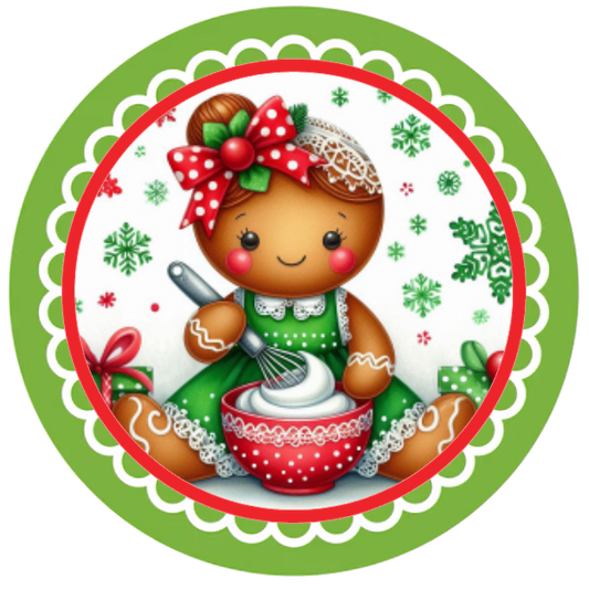 Gingerbread woman baking in a festive setting with a green border