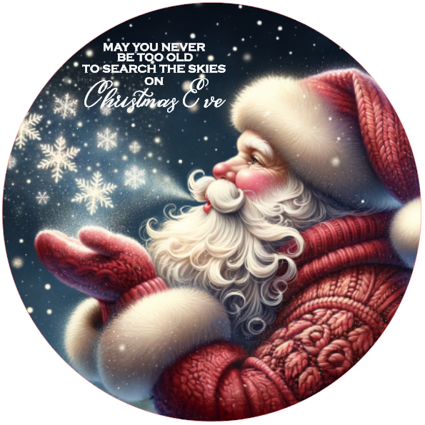 Santa Claus holding a gift, surrounded by snowflakes and stars, on a white background.