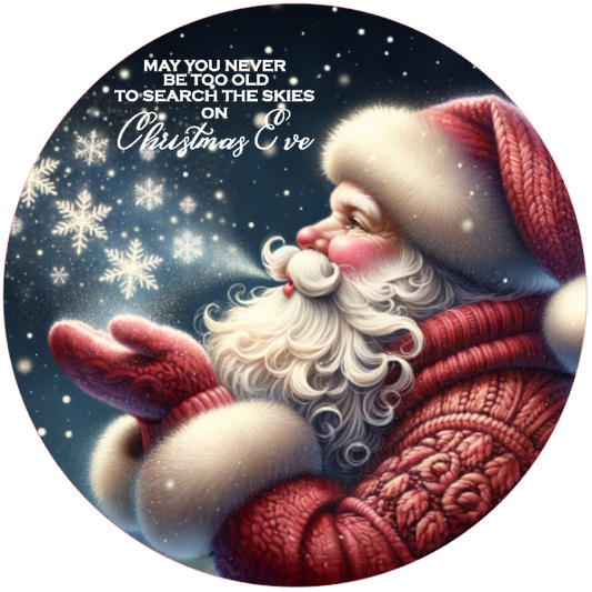 Santa Claus holding a gift, surrounded by snowflakes and stars, on a white background.