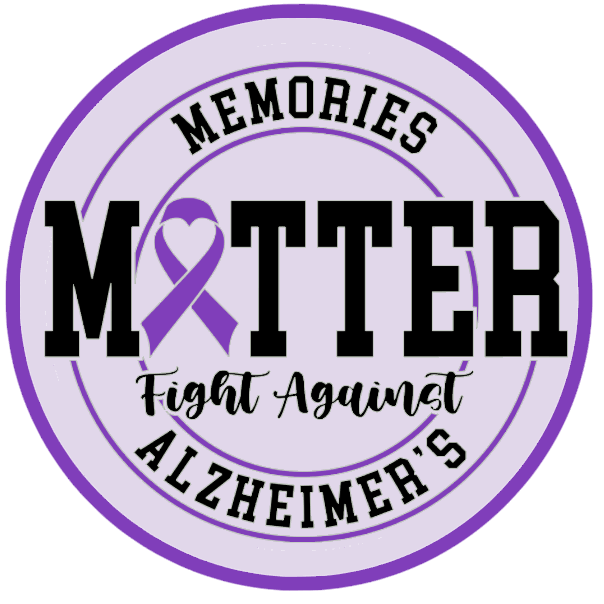 round metal wreath sign with purple ribbon and text 'Memories Matter Fight Against Alzheimer's' 
