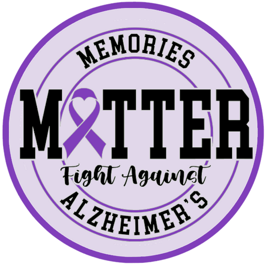 round metal wreath sign with purple ribbon and text 'Memories Matter Fight Against Alzheimer's' 