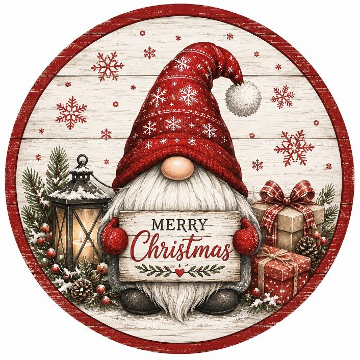 Round metal wreath sign with a gnome holding a "Merry Christmas" sign, winter and Christmas elements, Christmas gifts, a lantern and snowflakes on wood by Monkey's Creations.  