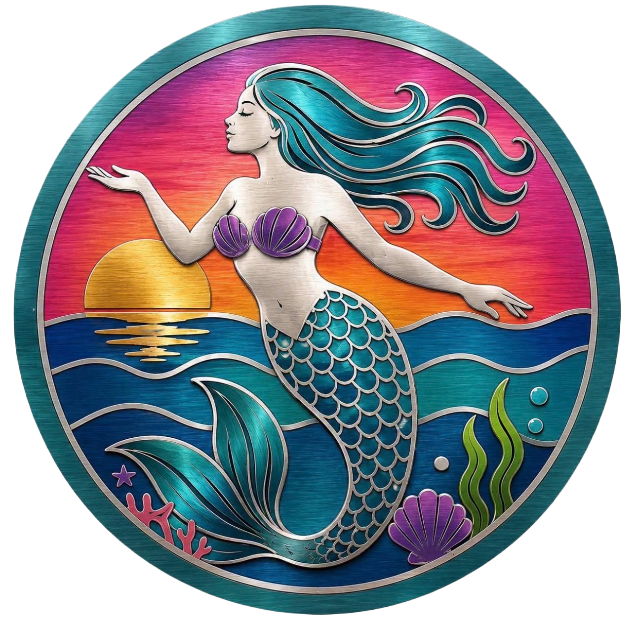 Round metal wreath sign featuring mermaid with ocean elements and a sunset by Monkey's Creations. 