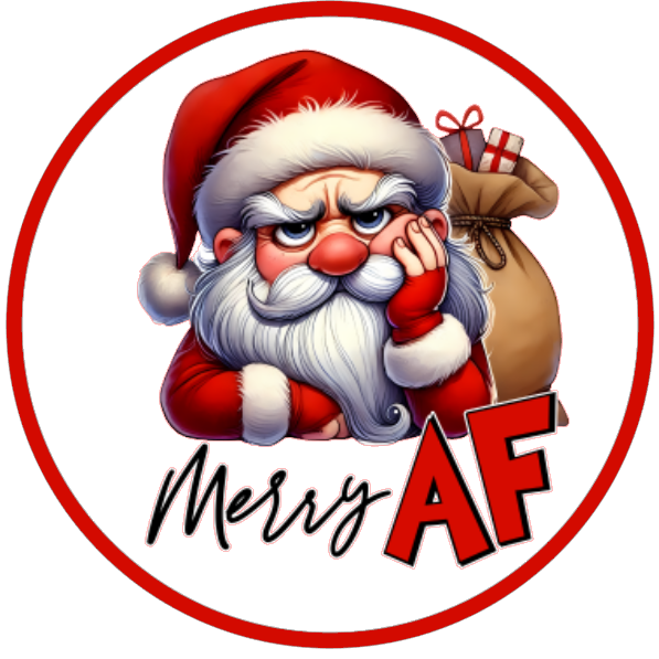Cartoon Santa Claus with sunglasses and 'Merry AF' text on a white background