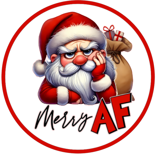 Cartoon Santa Claus with sunglasses and 'Merry AF' text on a white background