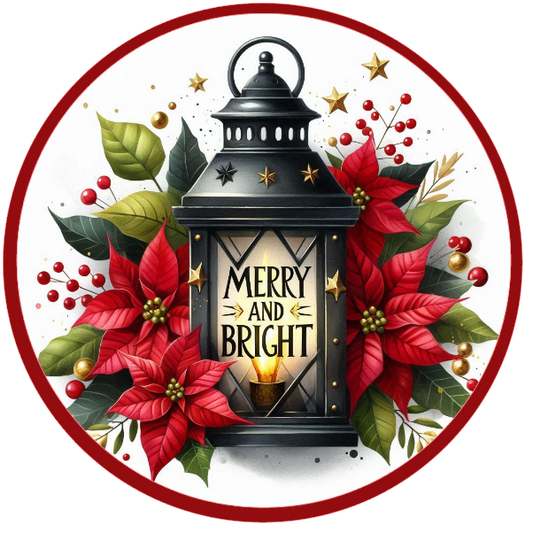 Decorative Christmas card with lantern and poinsettias on a white background