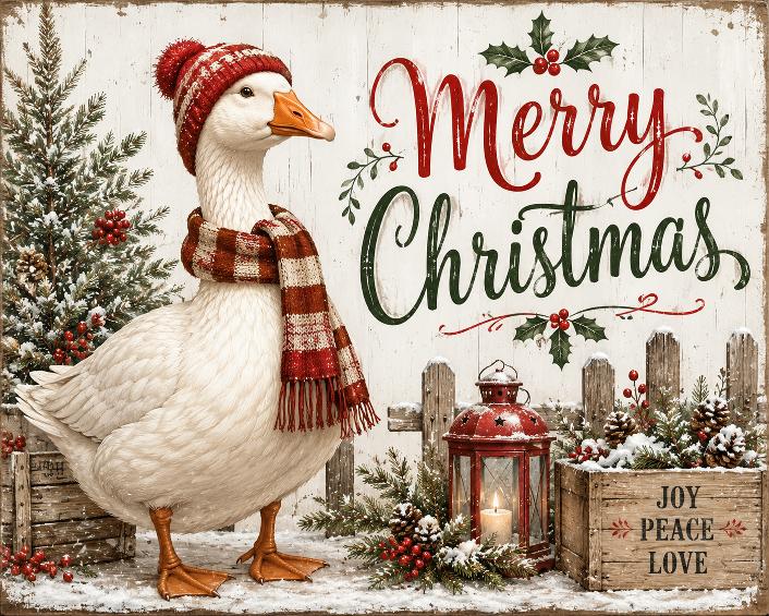Rectangle metal wreath sign by Monkey's Creations featuring a goose with winter and Christmas elements and "joy, peace, love" and "Merry Christmas".