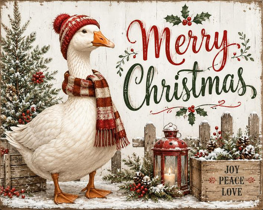 Rectangle metal wreath sign by Monkey's Creations featuring a goose with winter and Christmas elements and "joy, peace, love" and "Merry Christmas".