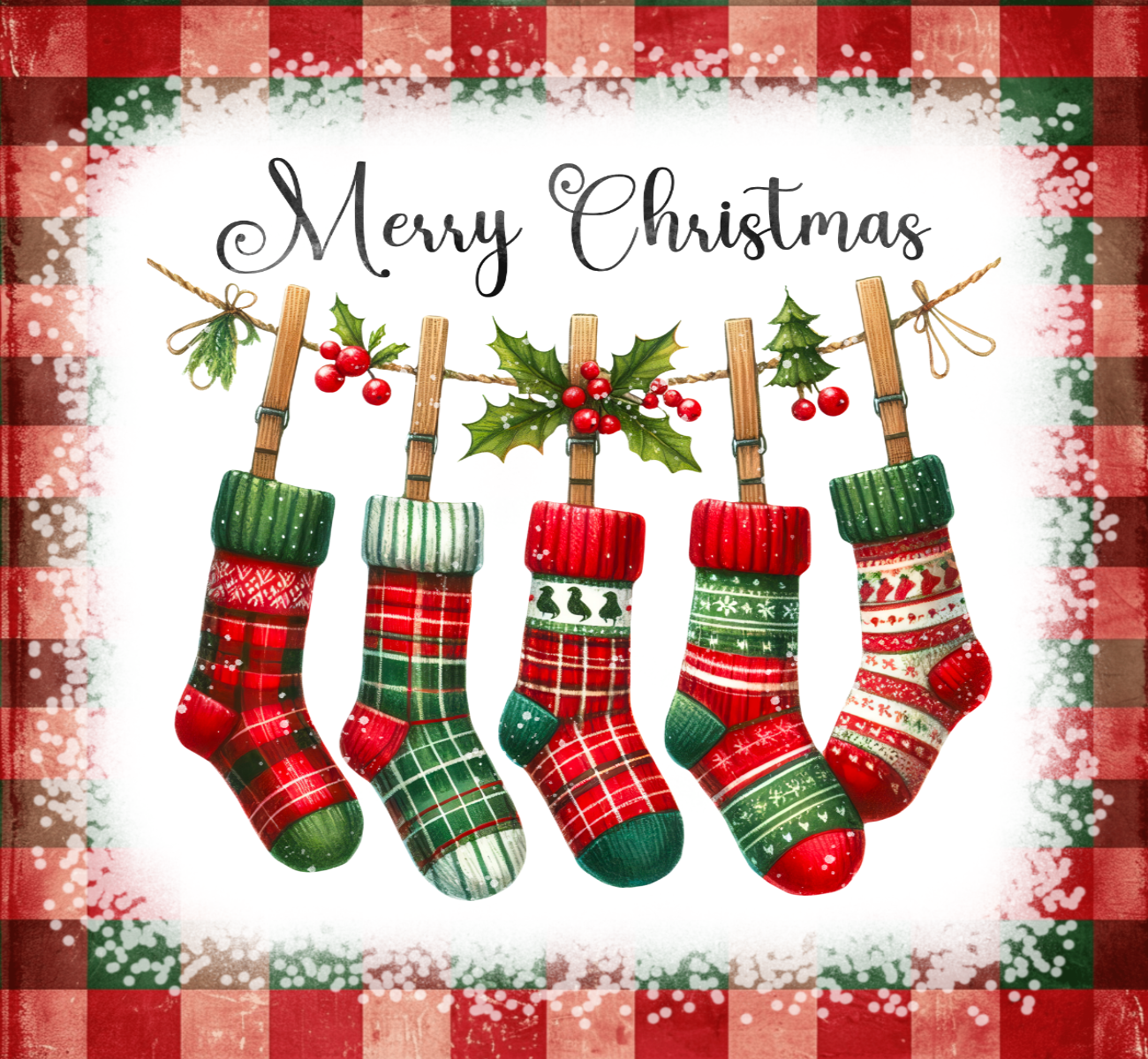 Illustration of Christmas stockings on a clothesline with holly leaves and berries