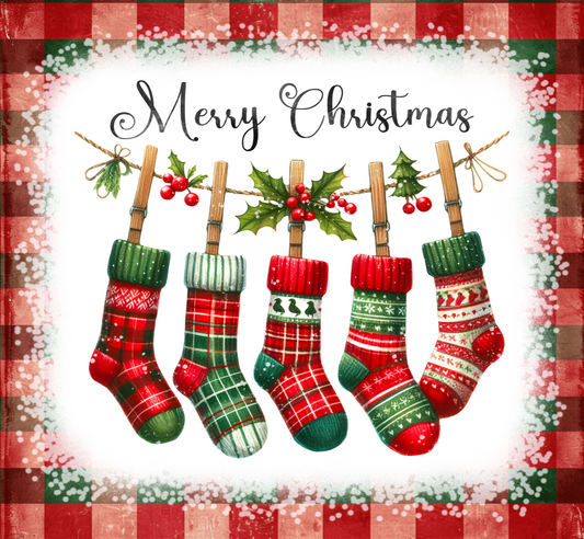 Illustration of Christmas stockings on a clothesline with holly leaves and berries