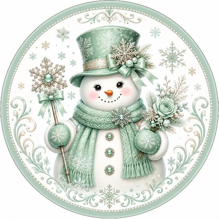 Round metal wreath sign featuring a mint green bejeweled snowman by Monkey's Creations. 