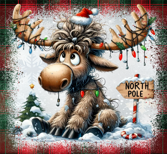 Cartoon moose with Christmas lights and a 'North Pole' sign in a snowy scene.