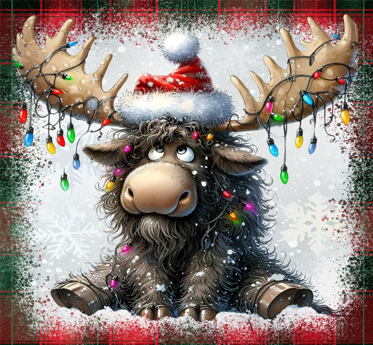 Moose wearing a Santa hat with Christmas lights on a plaid background