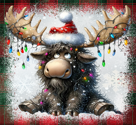 Moose wearing a Santa hat with Christmas lights on a plaid background