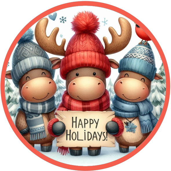 Moose trio in winter clothing with 'Happy Holidays' sign on a white background