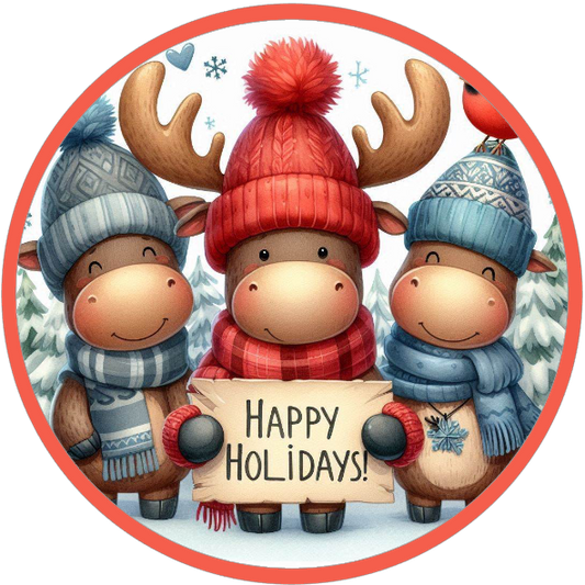 Moose trio in winter clothing with 'Happy Holidays' sign on a white background