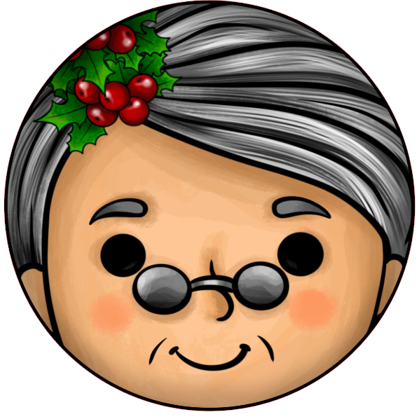 Mrs Claus character with gray hair, glasses, and a wreath on a white background