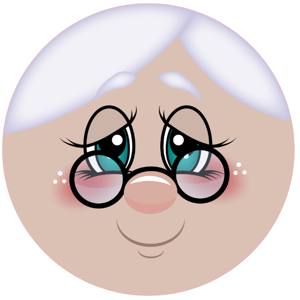Mrs Claus face with white hair, blue eyes, and pink cheeks on a white background