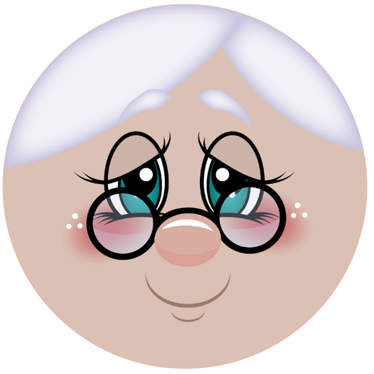 Mrs Claus face with white hair, blue eyes, and pink cheeks on a white background