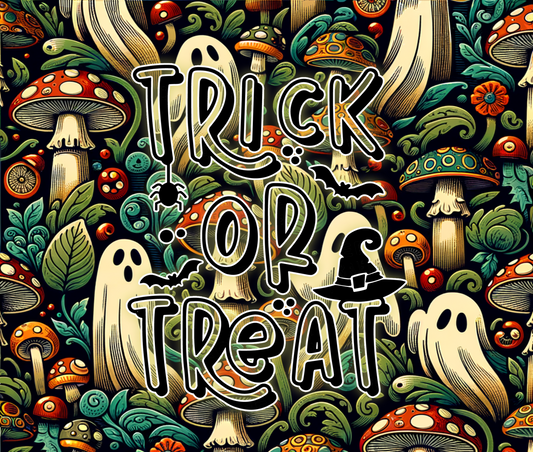 Colorful Halloween-themed design with ghosts, pumpkins, and text on a dark background.