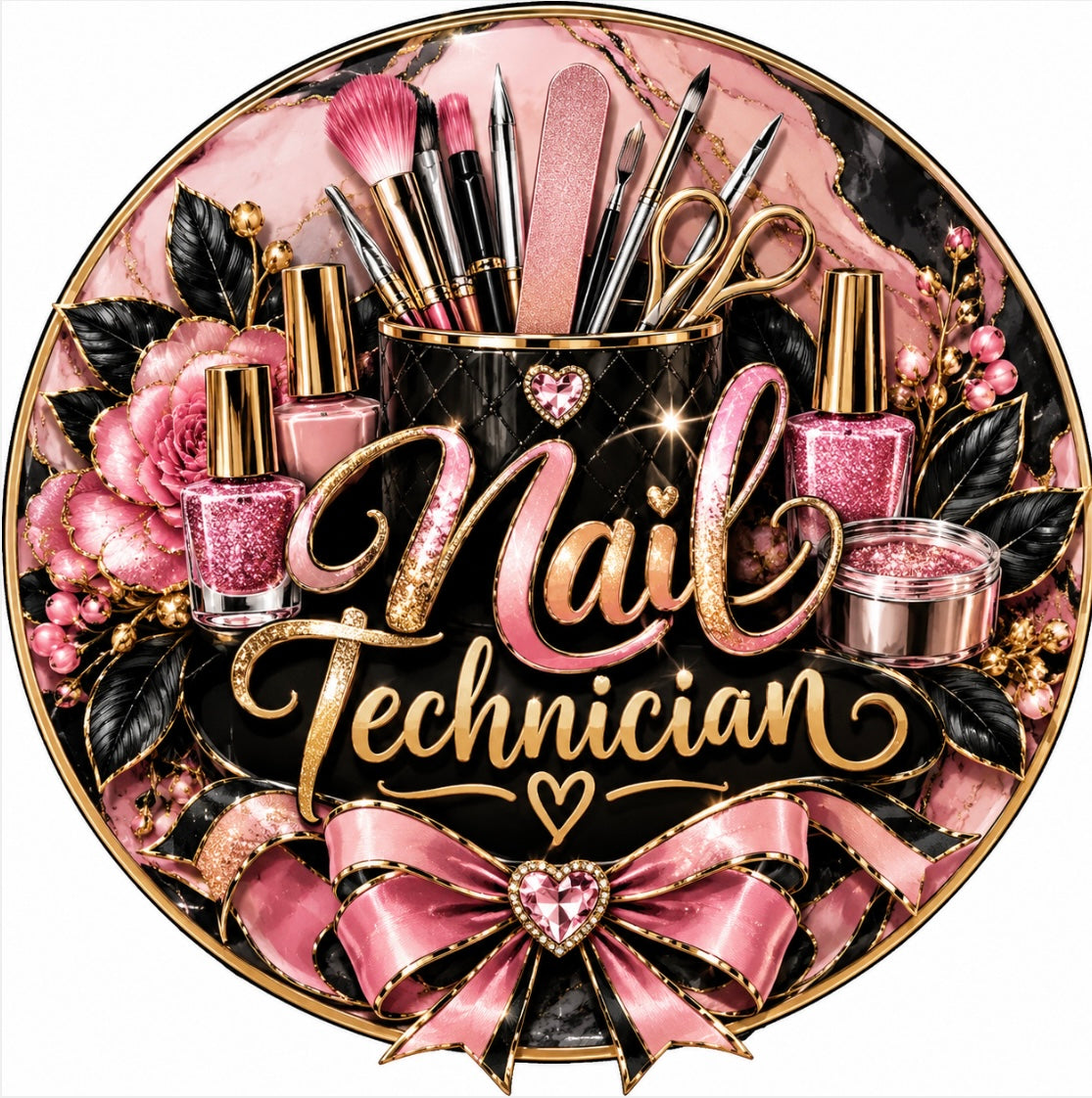 Round metal wreath sign with black, pink and gold tones featuring nail polish, nail tools, flowers and foliage with a big pink and black bow with "mail technician" by Monkey's Creations. 
