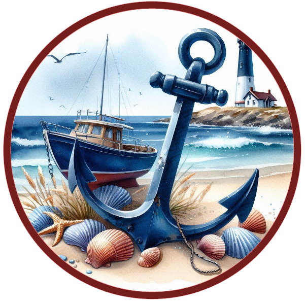 Anchor, boat, and lighthouse on a beach.