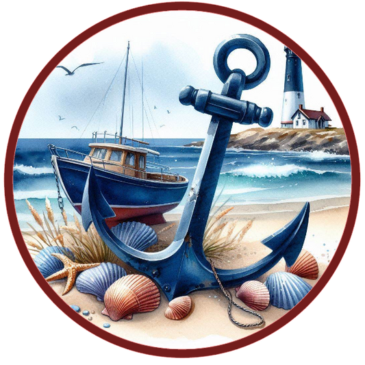 Anchor, boat, and lighthouse on a beach.