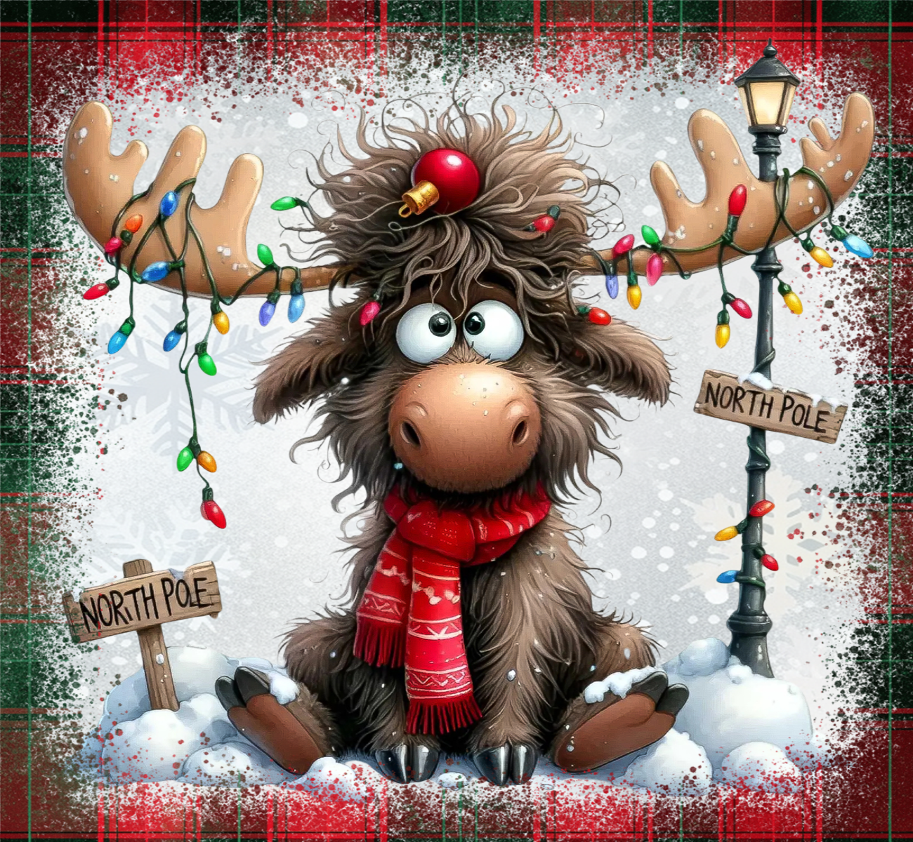 Cartoon moose with Christmas lights and a scarf in front of a North Pole sign on a snowy background.