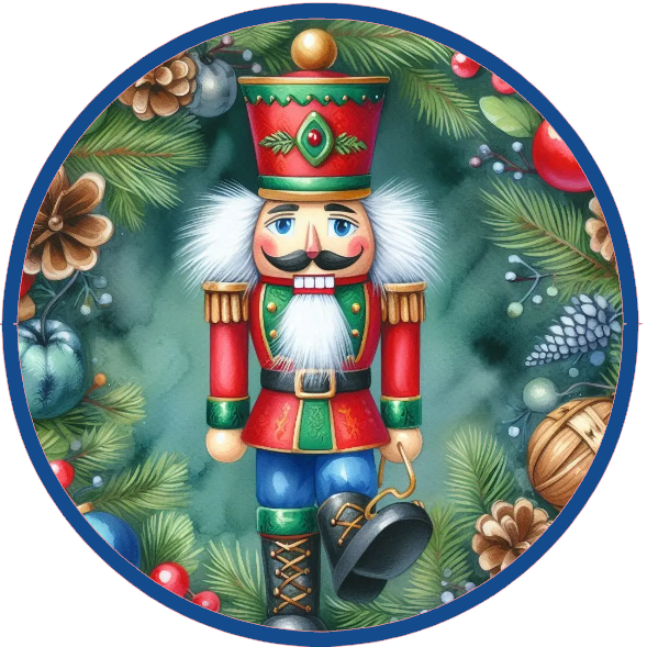 Christmas-themed design with a nutcracker and festive elements on a white background