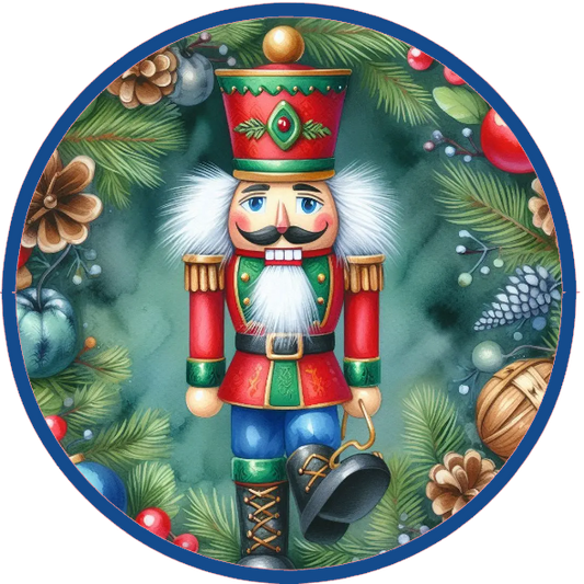 Christmas-themed design with a nutcracker and festive elements on a white background