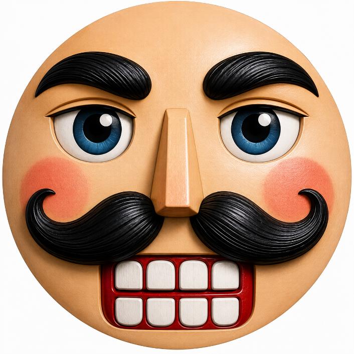Round metal wreath sign featuring a classic nutcracker face with a mustache and square teeth by Monkey's Creations. 