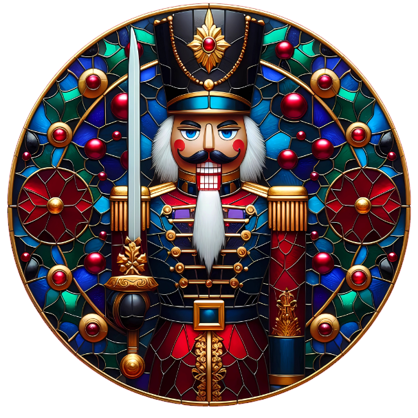 Nutcracker design surrounded by colorful glass beads on a white background