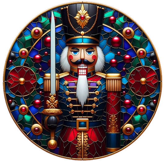 Nutcracker design surrounded by colorful glass beads on a white background