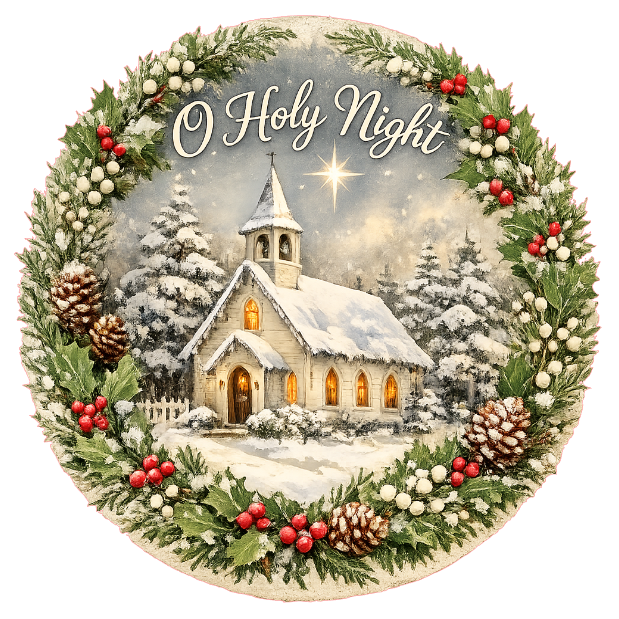 Round metal wreath sign with a snow scene, a church, holly garland and text "O holy night" by Monkey's Creations. 