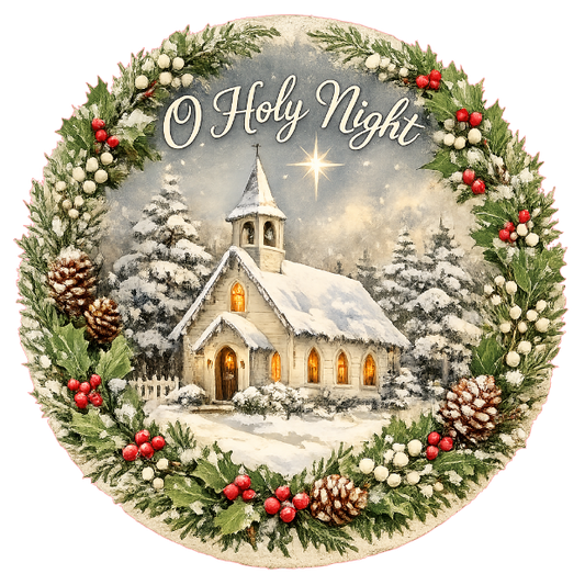 Round metal wreath sign with a snow scene, a church, holly garland and text "O holy night" by Monkey's Creations. 