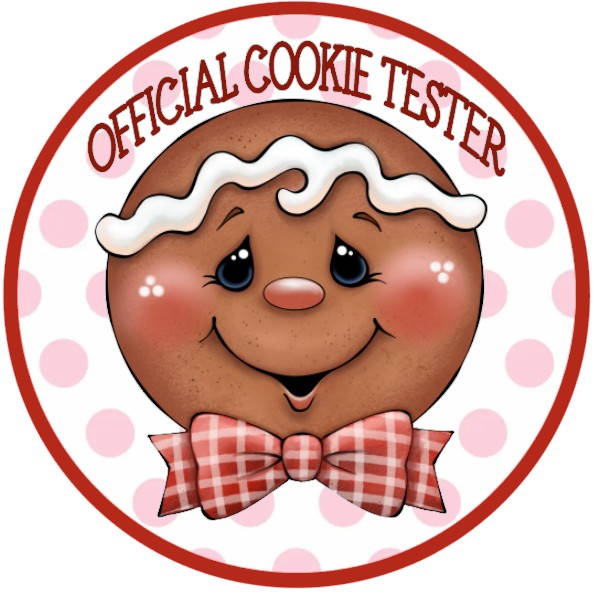 Gingerbread man with a bow tie and 'Official Cookie Tester' text on a white background
