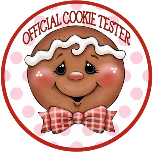 Gingerbread man with a bow tie and 'Official Cookie Tester' text on a white background