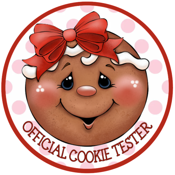 Gingerbread character with a red bow and 'Official Cookie Tester' text on a white background