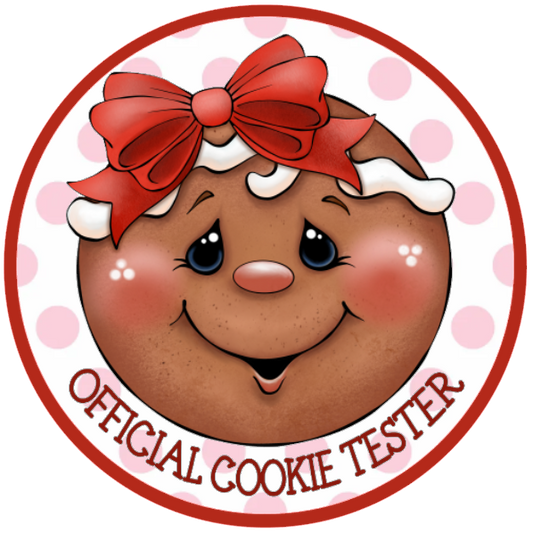 Gingerbread character with a red bow and 'Official Cookie Tester' text on a white background