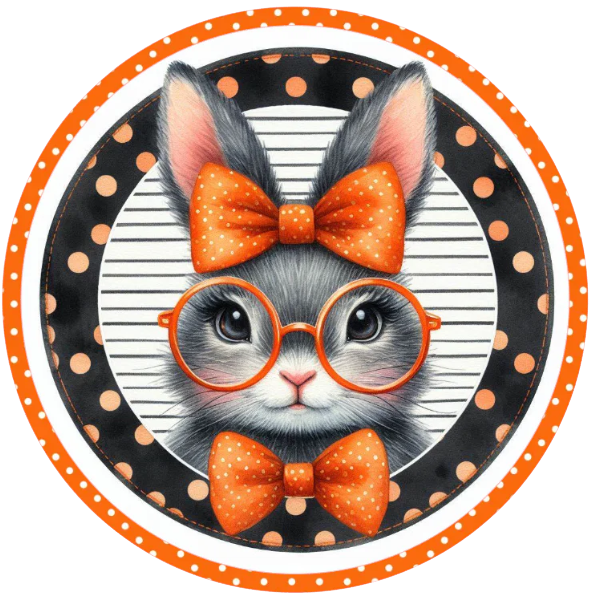 Round metal wreath sign with a bunny rabbit in glasses and orange themed glasses, bows, polka dots and stripes