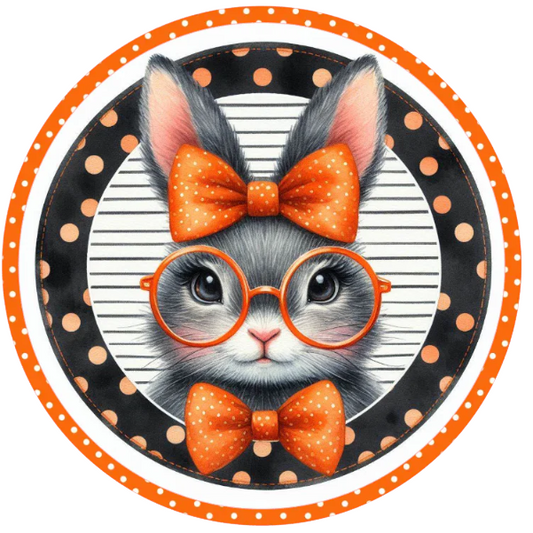Round metal wreath sign with a bunny rabbit in glasses and orange themed glasses, bows, polka dots and stripes