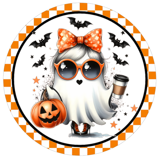 Orange ghost girl, pumpkin, and bats 