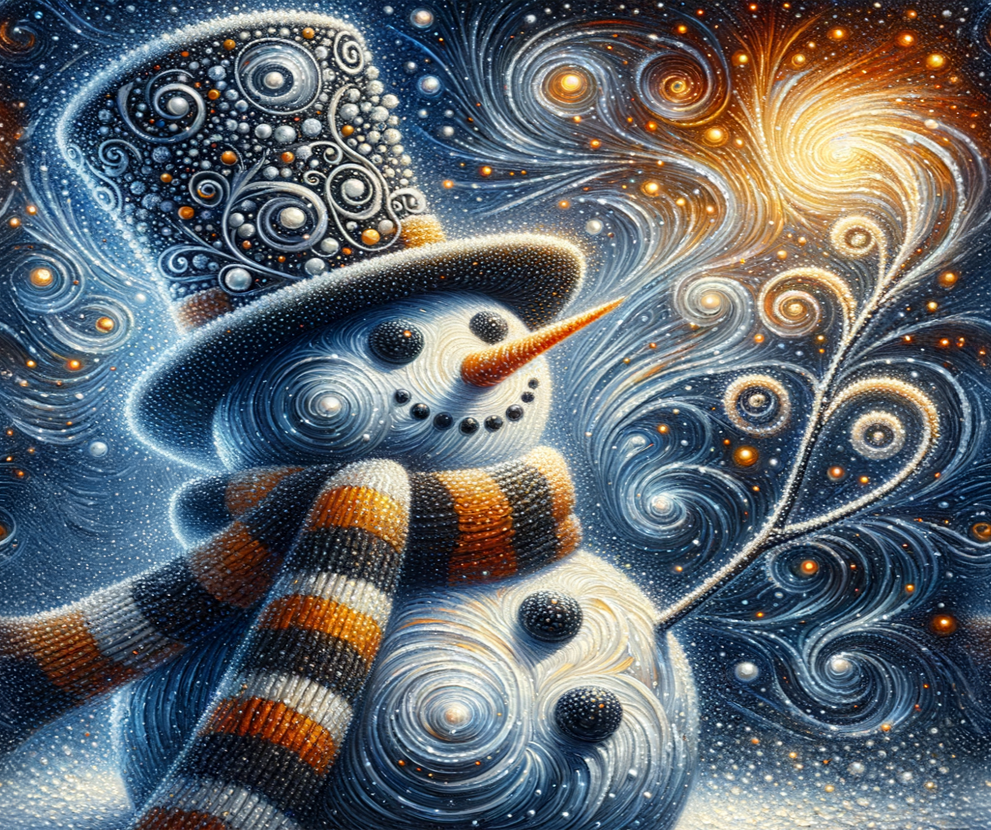 Snowman with a decorative hat and scarf against a swirling galaxy background