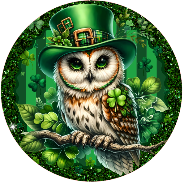 round metal wreath sign with Owl wearing a green St. Patrick's Day hat with shamrocks 
