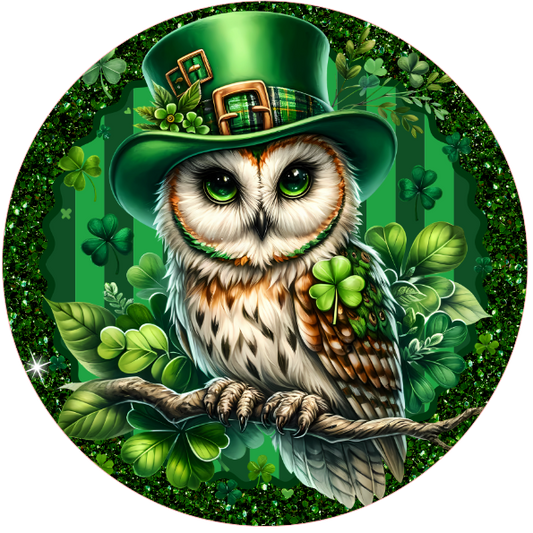 round metal wreath sign with Owl wearing a green St. Patrick's Day hat with shamrocks 