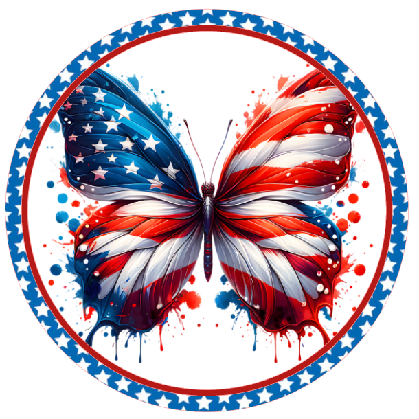 Painted butterfly with American flag design surrounded by flowers 