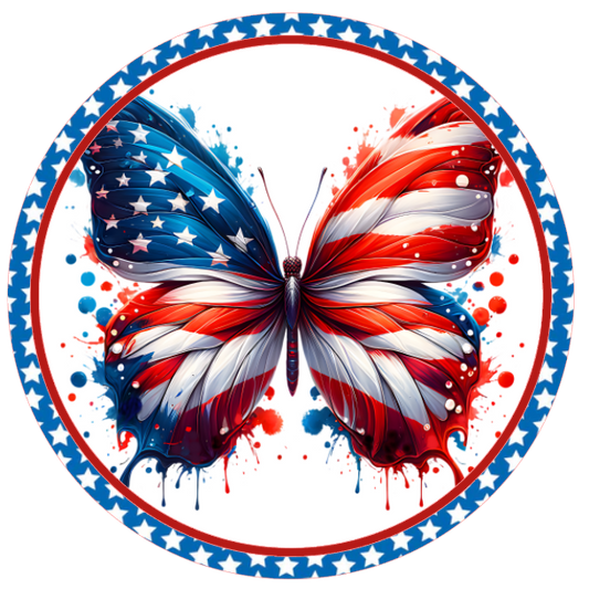 Painted butterfly with American flag design surrounded by flowers 
